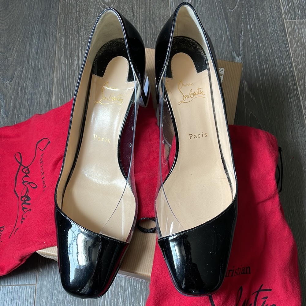Authentic Christian Louboutin Provisore 55 Black Patent/ Transparent PVC Shoes